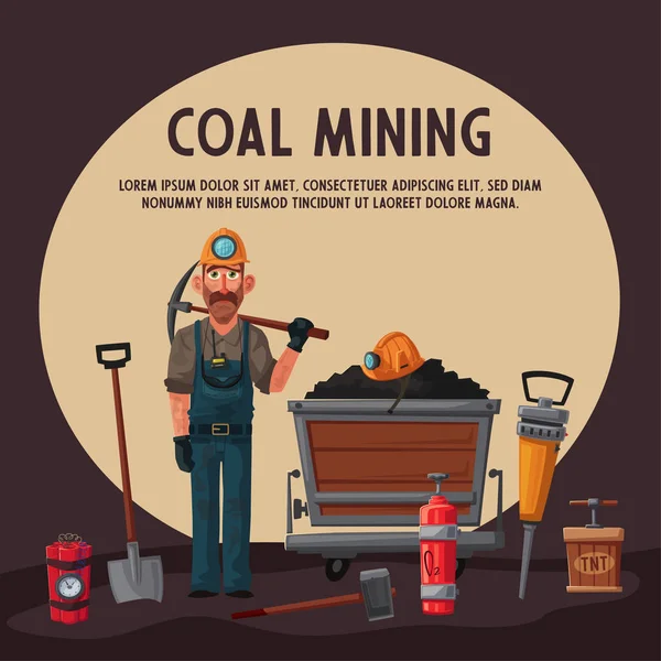 Coal mining. Miner character and tools. Cartoon vector illustration — Stock Vector