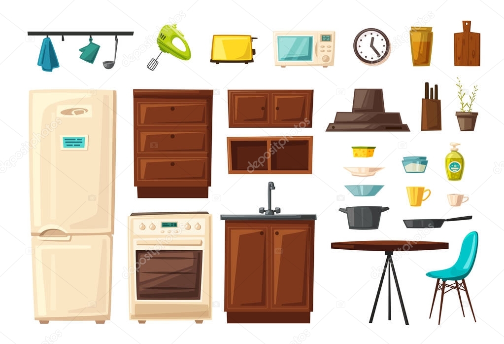 Set of kitchen interior with furniture and tools. Cartoon vector illustration