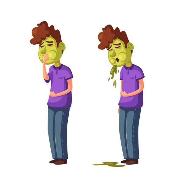 Persona infelice che vomita per intossicazione alimentare. Illustrazione vettoriale cartone animato — Vettoriale Stock