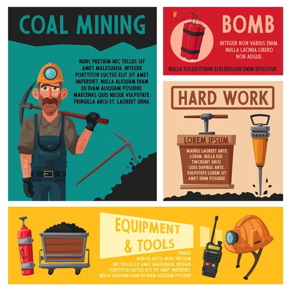 Kohlebergbau. Bergarbeitercharakter und Werkzeuge. Zeichentrickvektorillustration — Stockvektor