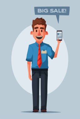 Komik satıcı telefon ile. Çizgi film vektör çizim