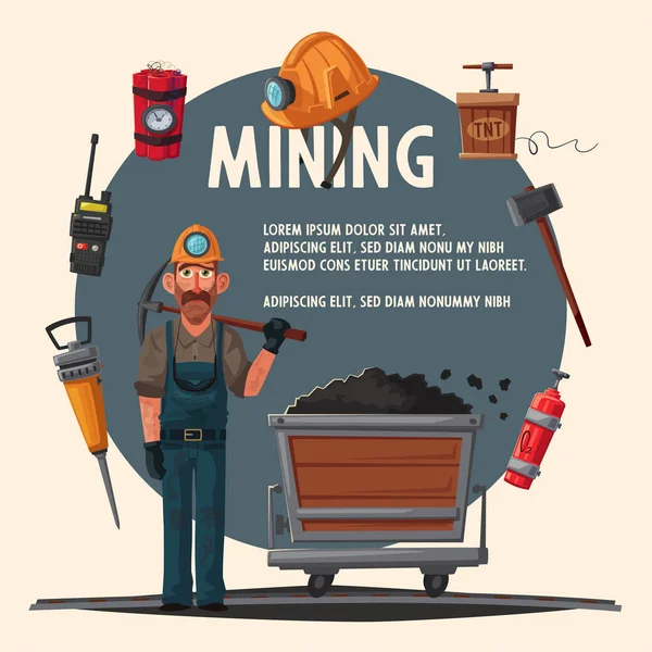 Estrazione del carbone. Personaggio e strumenti del minatore. Illustrazione vettoriale cartone animato — Vettoriale Stock
