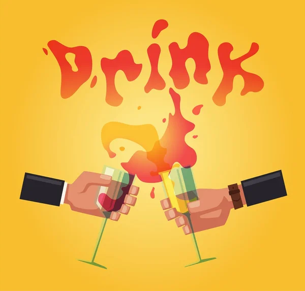 Kin-kin. Rammelende glazen met alcohol en roosteren, drink partij. Cartoon platte vectorillustratie — Stockvector