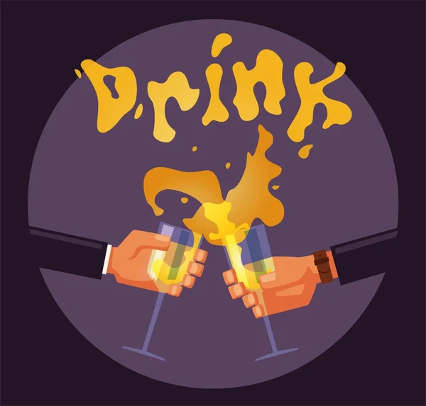 Kin-kin. Rammelende glazen met alcohol en roosteren, drink partij. Cartoon platte vectorillustratie — Stockvector
