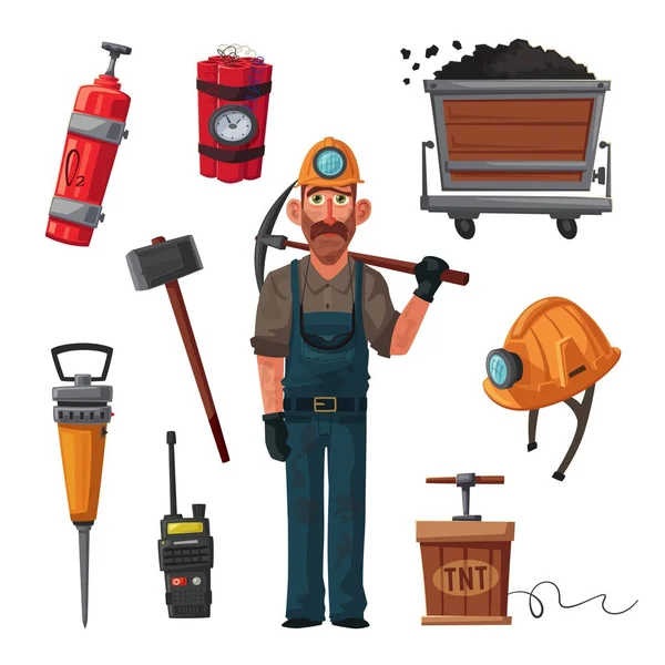 Górnictwa węgla kamiennego. Postać górnika i narzędzia. Ilustracja kreskówka wektor — Wektor stockowy