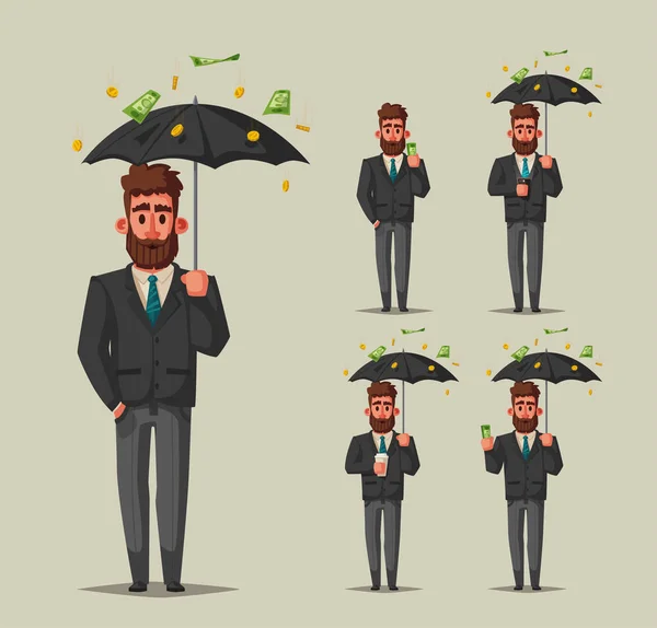 Erfolgreicher, glücklicher Geschäftsmann im Anzug mit Regenschirm. Zeichentrickvektorillustration — Stockvektor