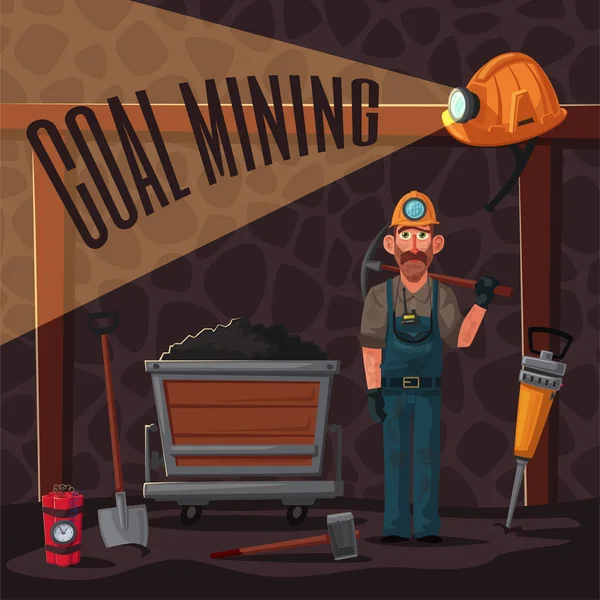 Estrazione del carbone. Personaggio e strumenti del minatore. Illustrazione vettoriale cartone animato — Vettoriale Stock