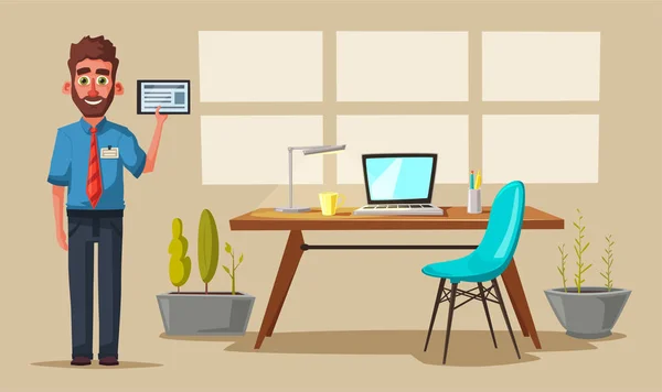 Modern workplace. Creative character. Office work. Cartoon vector illustration — Stock Vector