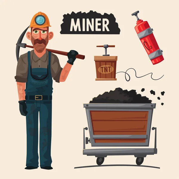 Minería de carbón. Carácter minero y herramientas. Dibujos animados vector ilustración — Archivo Imágenes Vectoriales