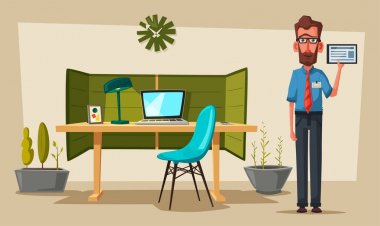 Modern çalışma alanı. Yaratıcı karakter. Ofis işi. Çizgi film vektör çizim