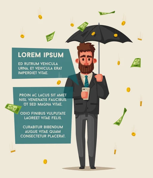 Empresário bem sucedido e feliz num fato com guarda-chuva. Desenhos animados ilustração vetorial — Vetor de Stock