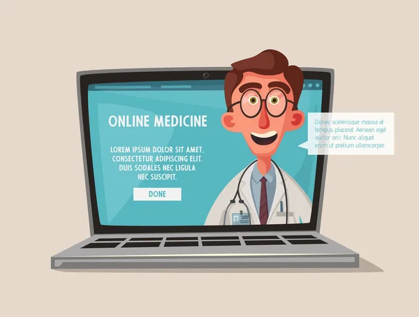 Medicina en línea. Divertido diseño de personajes. Dibujos animados vector ilustración — Archivo Imágenes Vectoriales