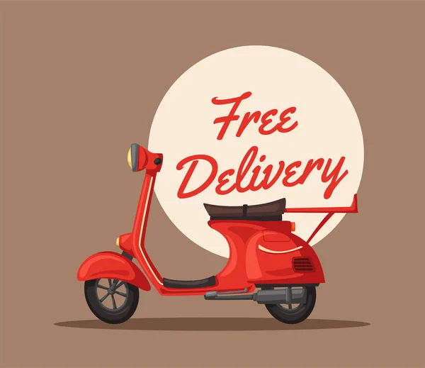 Snabb och gratis leverans. Vektor tecknad illustration. Food service. Retro scooter. — Stock vektor