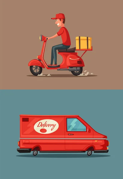 Servicio de entrega en furgoneta y moto. Coche para entrega de paquetes. Dibujos animados vector ilustración — Vector de stock