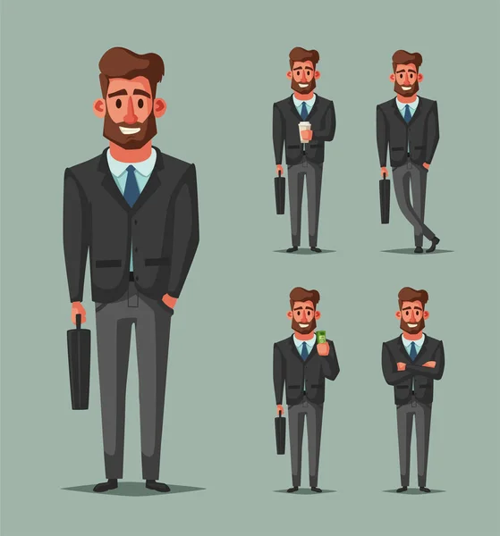 Un exitoso y feliz hombre de negocios con traje. Dibujos animados vector ilustración — Archivo Imágenes Vectoriales