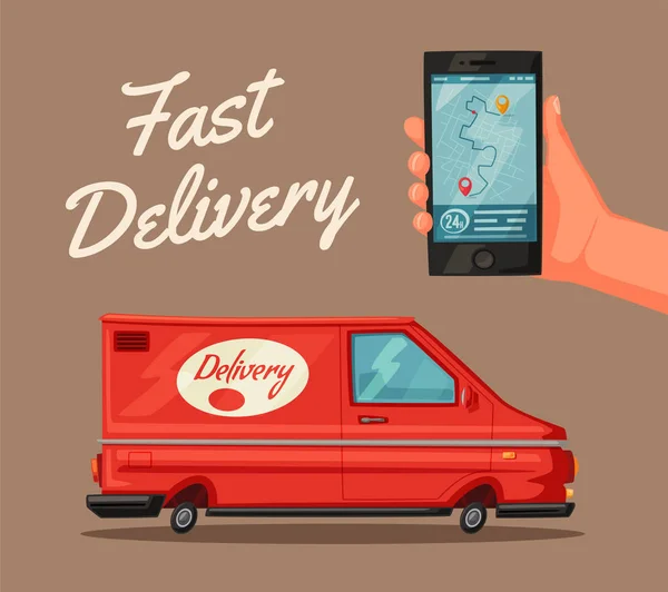 Servicio de entrega por furgoneta. Coche para entrega de paquetes. Dibujos animados vector ilustración — Vector de stock