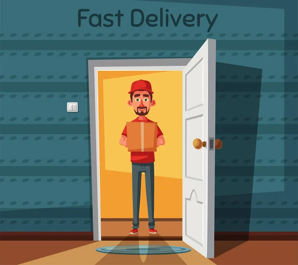 Tipul care livrează o cutie la uşă. Ilustrație vectorială de desene animate — Vector de stoc