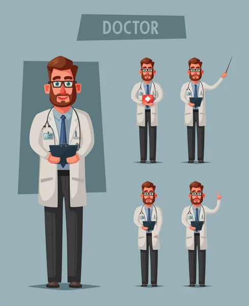 Intelligent docteur. Design de personnage drôle. Illustration vectorielle de bande dessinée — Image vectorielle