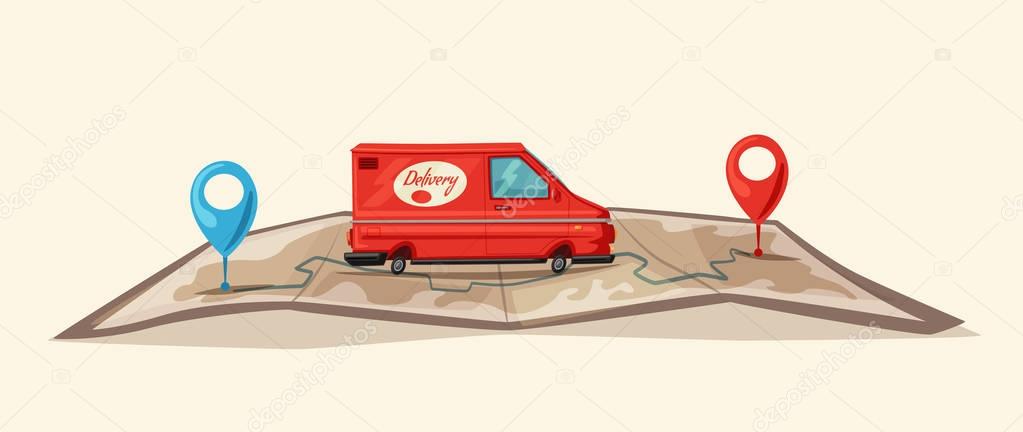 Delivery service by van. Car for parcel delivery. Cartoon vector illustration. Fast delivery truck or lorry. Car on the map