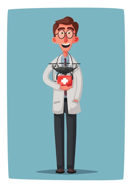 Smarter Arzt mit Drohne. Lustiges Charakterdesign. Zeichentrickvektorillustration — Stockvektor