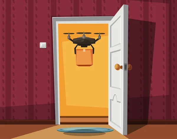 Drone de entrega segurando uma caixa na entrada. Desenhos animados ilustração vetorial — Vetor de Stock