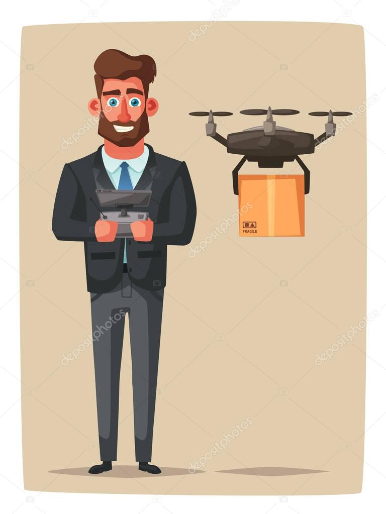 Drone for air delivery. Modern technologies. Cartoon vector illustration