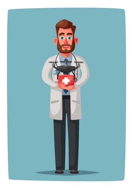Médico esperto com drone. Design de personagem engraçado. Desenhos animados ilustração vetorial — Vetor de Stock