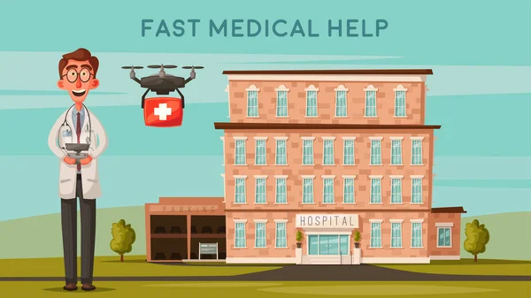 Médico esperto com drone. Hospital moderno. Desenhos animados ilustração vetorial — Vetor de Stock