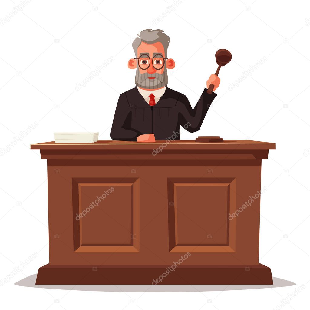 Judge character with hammer. Cartoon vector illustration