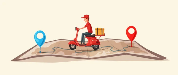 Schnelle und kostenlose Lieferung per Motorroller. Vektor Cartoon Illustration. Verpflegung. — Stockvektor