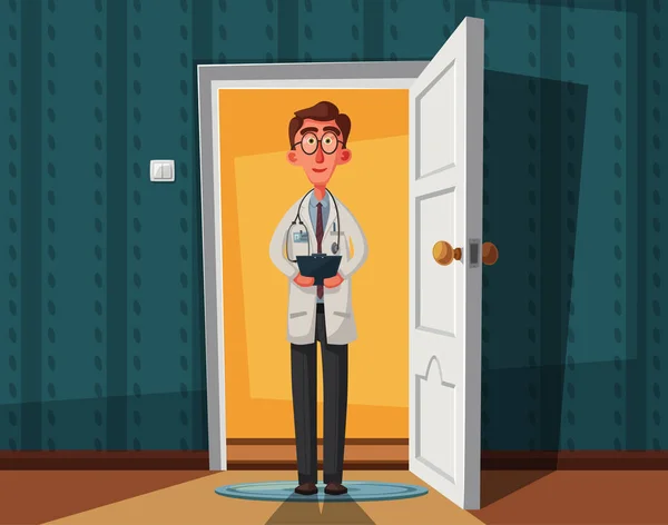 Médecin intelligent à la porte. Design de personnage drôle. Illustration vectorielle de bande dessinée — Image vectorielle