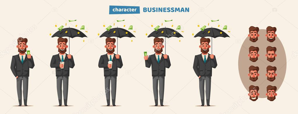 Successful, happy businessman in a suit with umbrella. Cartoon vector illustration