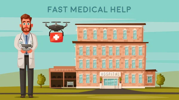 Médico esperto com drone. Hospital moderno. Desenhos animados ilustração vetorial — Vetor de Stock