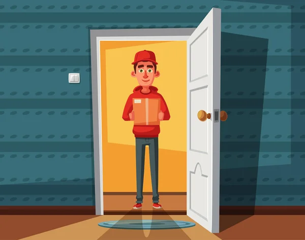 Levering guy overhandigen van een vak in de deuropening. Cartoon vectorillustratie — Stockvector