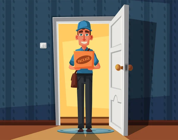 Levering guy overhandigen van een vak in de deuropening. Cartoon vectorillustratie — Stockvector