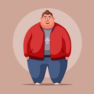 Mutlu şişman adam. Obez karakteri. Fatboy. Çizgi film vektör çizim.