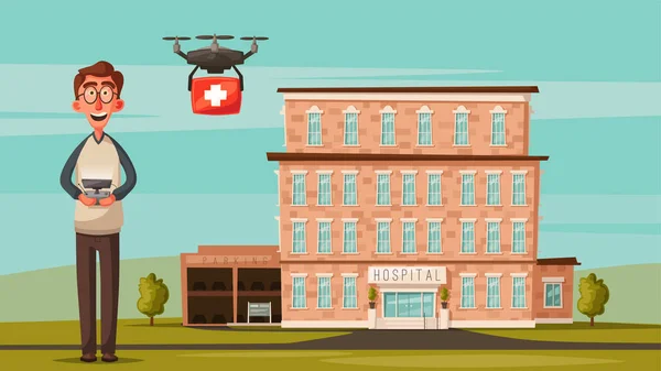 Doctor inteligente con dron. Hospital moderno. Dibujos animados vector ilustración — Vector de stock