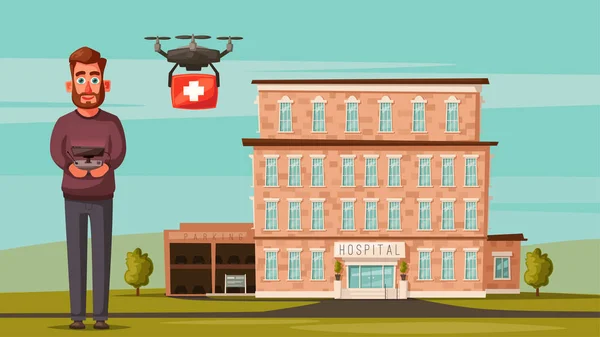 Doctor inteligente con dron. Hospital moderno. Dibujos animados vector ilustración — Vector de stock