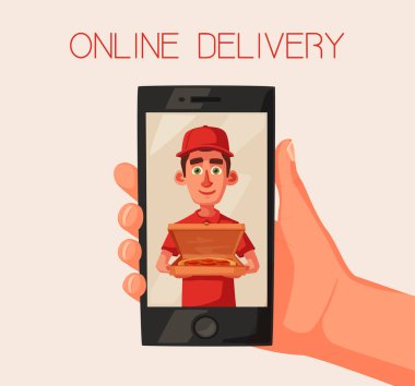 Pizza teslimi adam telefonla pizza kutusu teslim... Çizgi film vektör çizim