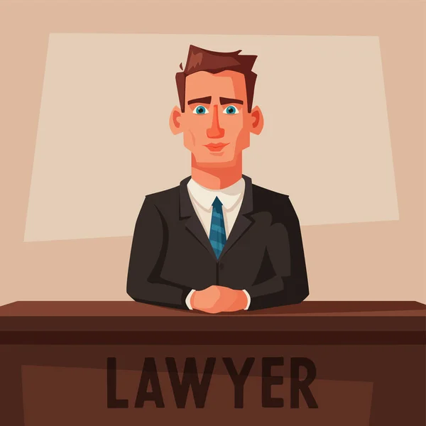 Im Gerichtsgebäude sitzt ein seriöser Anwalt mit am Tisch. Zeichentrickvektorillustration. Charakteristik. — Stockvektor