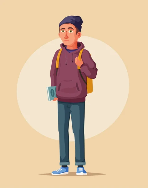 Estudiante feliz con una mochila y un libro. Joven alegre. Dibujos animados vector ilustración — Archivo Imágenes Vectoriales