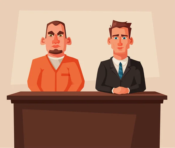 Serious lawyer sits by the table in courthouse with defendant. Cartoon vector illustration. Character design. — Stock Vector