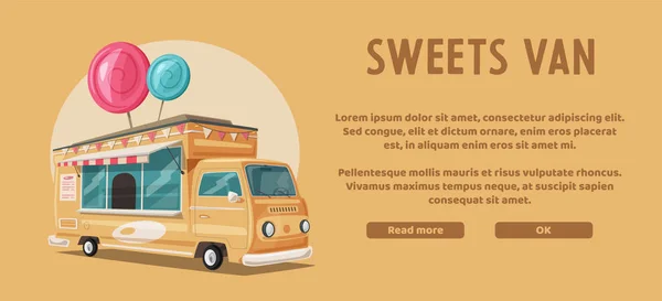 Фургон с едой. Винтажные сладости и грузовик с конфетами. Мультфильм-векторная иллюстрация . — стоковый вектор
