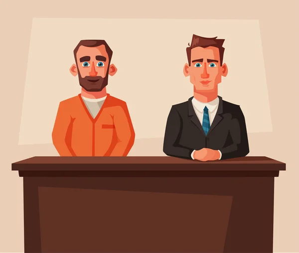 El abogado serio se sienta junto a la mesa en el juzgado con el acusado. Ilustración vectorial de dibujos animados. Diseño de caracteres . — Vector de stock