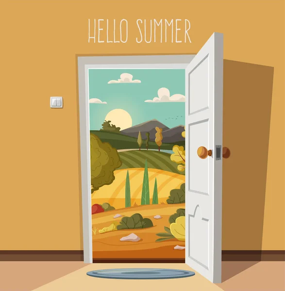 Open door. Valley landscape. Cartoon vector illustration. Vintage poster. Welcome to summer