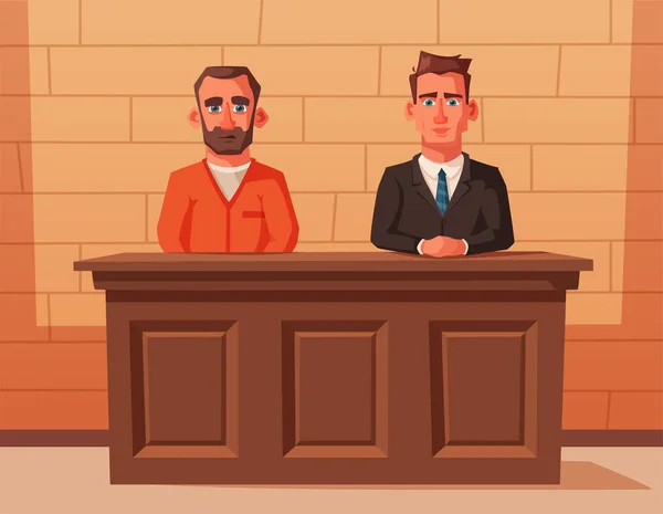 El abogado serio se sienta junto a la mesa en el juzgado con el acusado. Ilustración vectorial de dibujos animados. Diseño de caracteres . — Archivo Imágenes Vectoriales