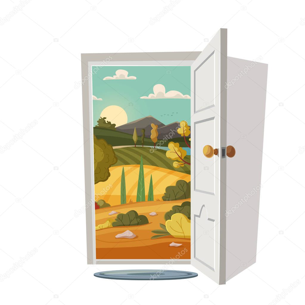 Open door. Valley landscape. Cartoon vector illustration. Vintage poster. Welcome to summer