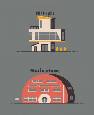 Pharmacy drugstore and music store building flat design. Vector illustration. clipart