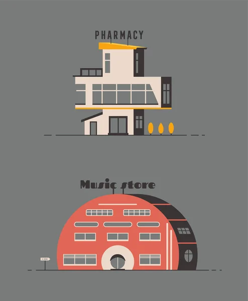 Farmácia farmácia e construção de loja de música design plano. Ilustração vetorial . — Vetor de Stock