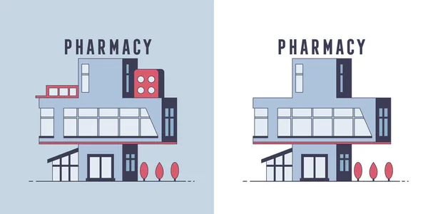 Farmacia farmacia diseño plano. Ilustración vectorial. Fachada exterior . — Vector de stock